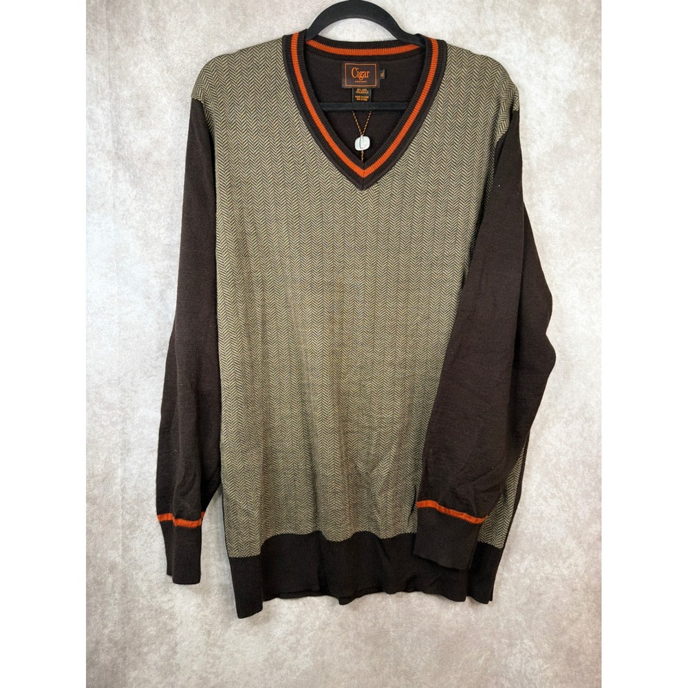 NWT Cigar Couture Sweater Mens XL Brown Herringbone V-Neck Wool Blend Retro Stke